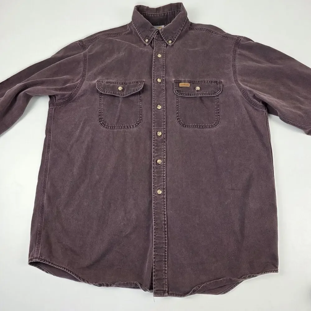 Carhartt‎ Shirt Mens Extra Large Purple Faded Button Down Workwear Double Pocket